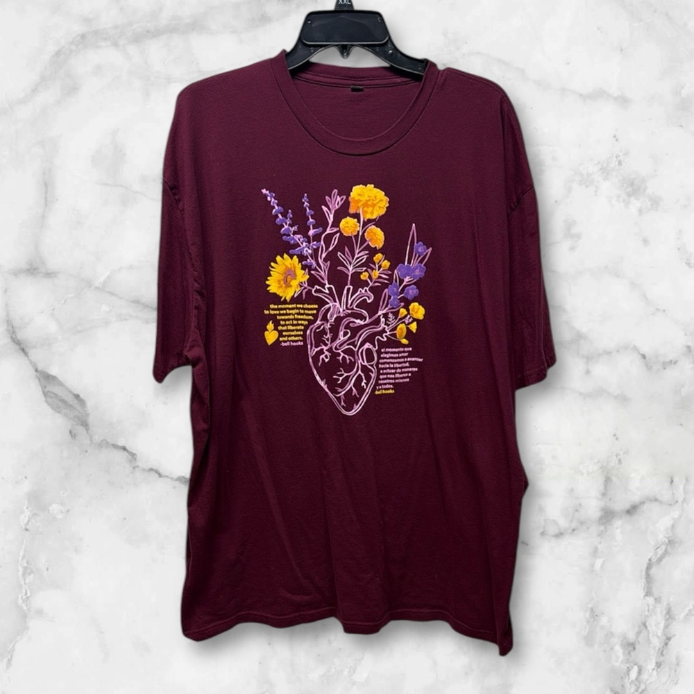 Sacred Heart community Burgundy red & yellow T-Shirt with Floral Heart Design